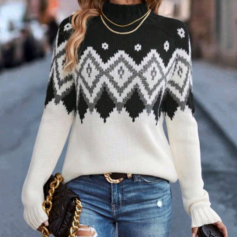 NEW Fair Isle Knit Sweater Mock Top Black Off White Gray - Picture 1 of 7